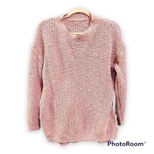 Pink Chunky Knit Sweater Crew Neck Oversized Medium